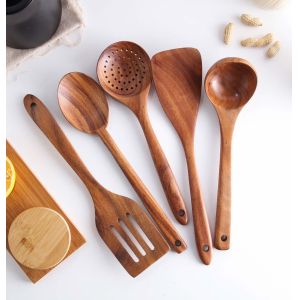Natural Nonstick Hard Wood Cooking Utensils Spatula Spoons Set And Storage