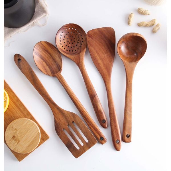 Natural Nonstick Hard Wood Cooking Utensils Spatula Spoons Set And Storage