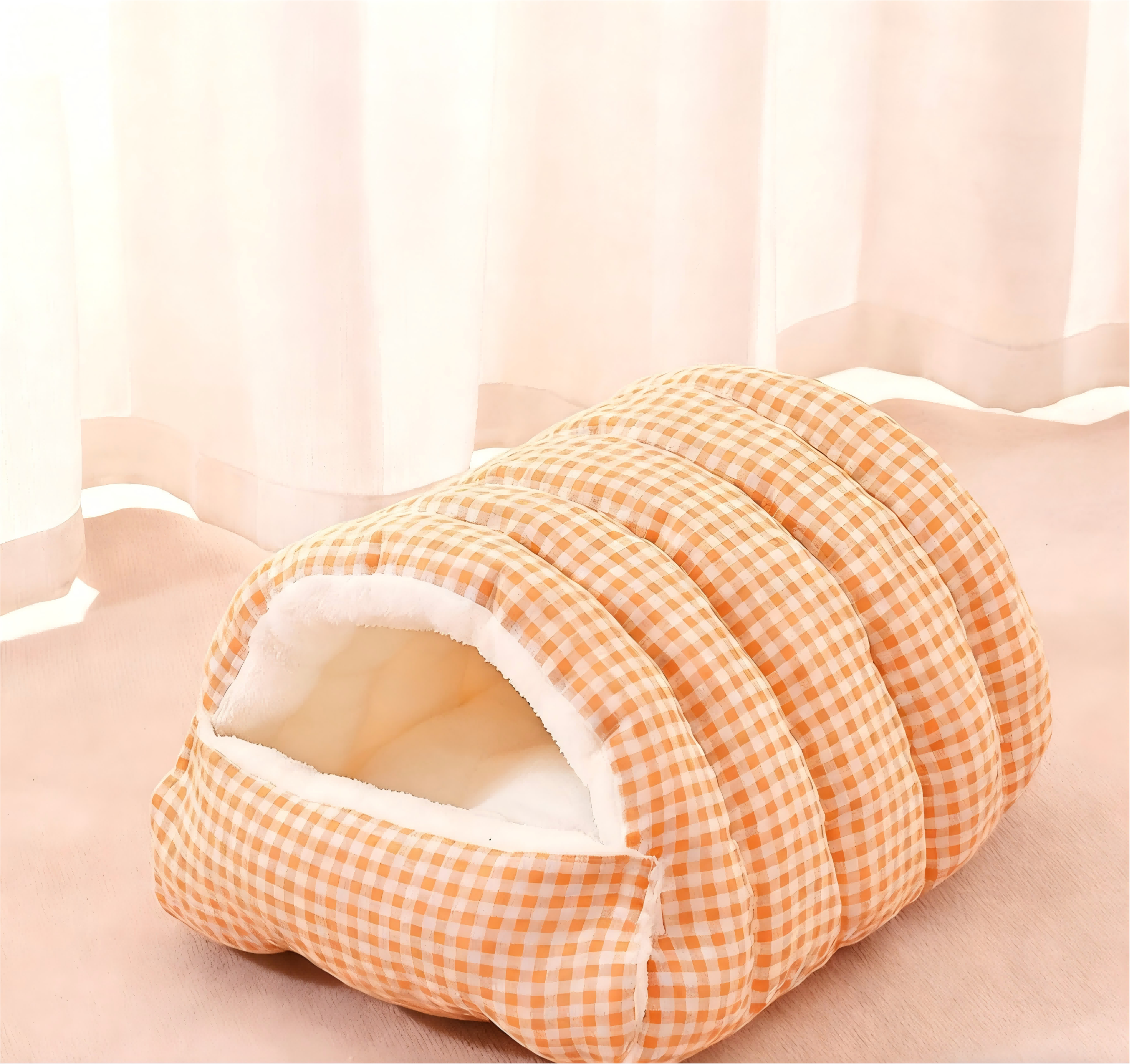 Comfortable Enclosed Wool Cat Bed with Plush Lining Removable & Washable Checkered Design for Cozy Resting Space