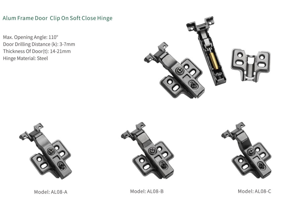 Cold-Rolled Steel Soft Close Hinges Clip On 110° For Aluminum Frame Door AL08-A