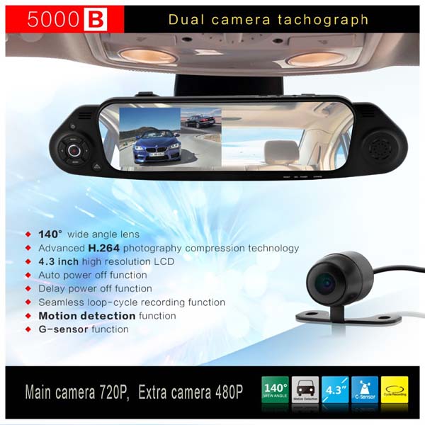 Quality 5000B Car DVR 4.3''1080P FHD Rearview mirror car video recorder 140 degree wide-angle Dual lens Camera G-sensor wholesale