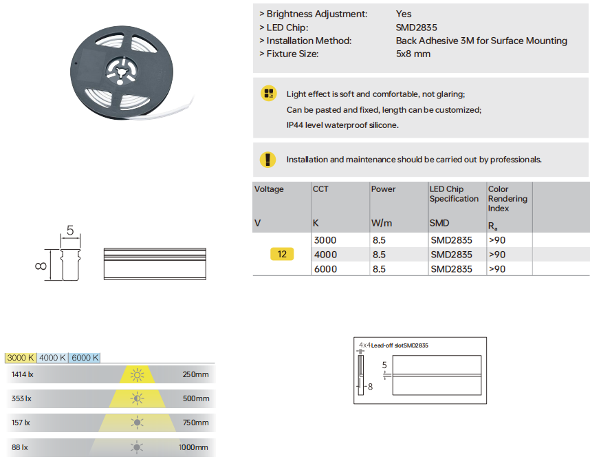 A2903Flexible LED Strip Light,SMD2835, Back Adhesive 3M for Surface Mounting, 3000/4000/6000K