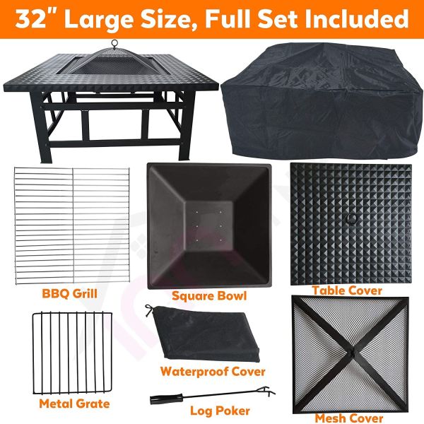4 In 1 Wood Burning Barbecue Fire Pit Log Grate, Grill, Mesh Lid, Dining Cover