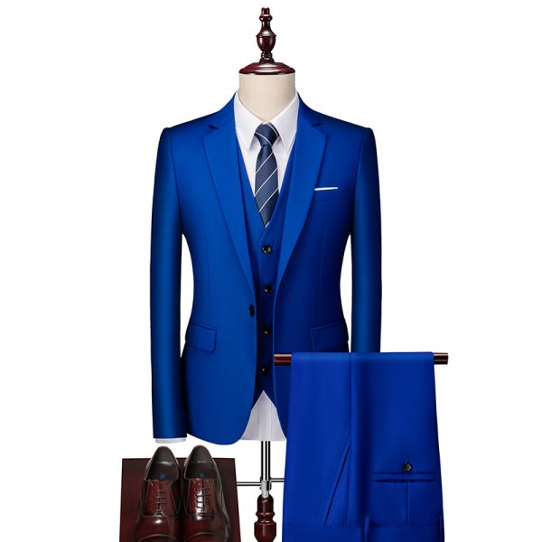 Men's 3-Piece Suit Set Flat Front Woolen Cloth Jacket Pants Vest for Formal Occasions