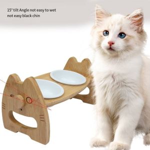 Bamboo Ceramic Bowl Cat Food Rack With Adjustable Height Double Pet Bowl Pet