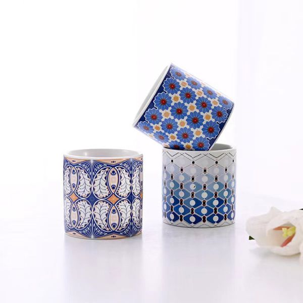 Scented Cylinder Ceramic Candle Jar With Vintage Tile Pattern Printed