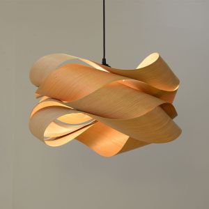 Wood Veneer Wave Pendant Lighting Fixture Country Vintage Art Deco Nordic