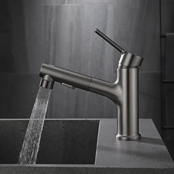 Brass Pull-Out 360°Swivel Single Hole Single Handle Basin Mixer In Grey Matte