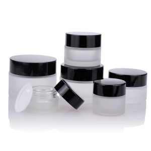 China Round Cream Glass Jars Frosted 10g 20g 30g With Black Plastic Cap on sale