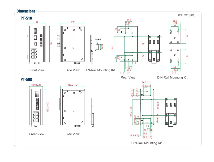 8/10 Ports Layer 2 Managed DIN-Rail Industrial Ethernet Switch Moxa PT-508 /PT-510 Series switch
