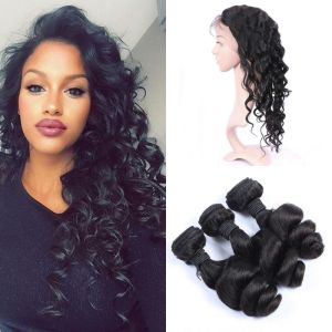 China 360 Lace Closure Peruvian Human Hair Weave With Bundles Peruvian Loose Wave Virgin Hair Natural Color on sale