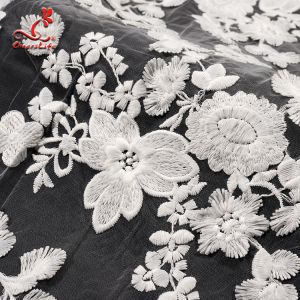 White 3d Embroidered Lace Fabric For Wedding Dress With Elastic Nylon Net
