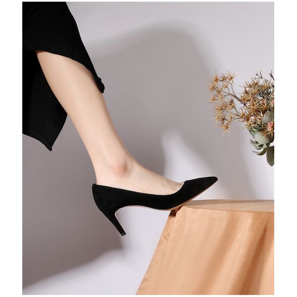 Thin Heels Pointed Toe Leather Shoes , 3 Inch Black Womens Slip On Dress Shoes