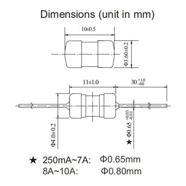 Ceramic 315mA-10A Subminiature Fuse Fast Acting Quick Blow With Legs