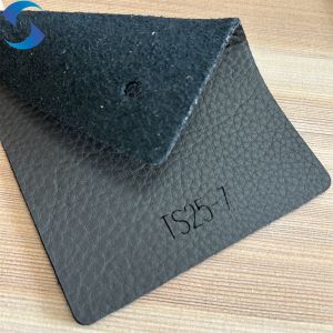 China Soft Or Hard Hand Feeling PVC Leather Fabric For Sofa Black Brush Backing Lychee Pattern Embossed Artificial Leather Fabric on sale