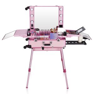 Free Standing Rolling Studio Makeup Case With Adjustable Height Support Rod