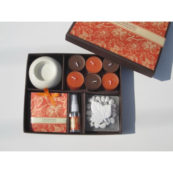 Orange & Brown scented & assorted tealight candle & candle holder packed into