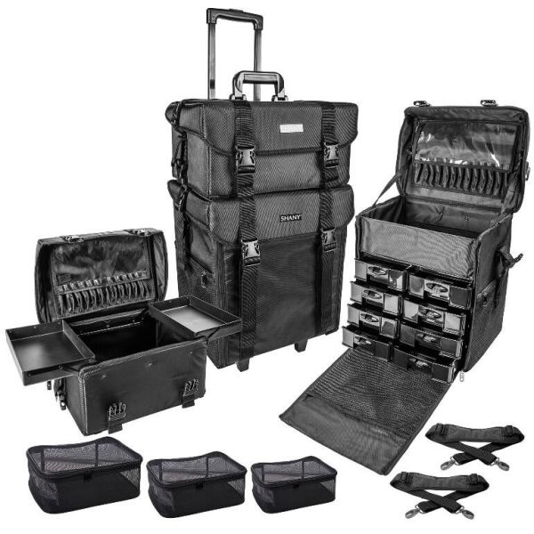 Stackable Adjustable Makeup Soft Trolley Case , Makeup Beauty Trolley Black