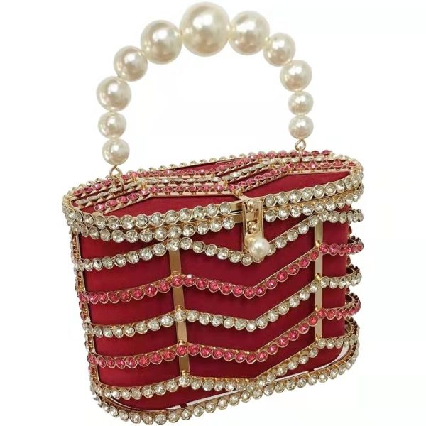 Quality Flat Bucket Shape Pearl Hand Bags Red Fabric Inlaid Diamond OEM ODM wholesale