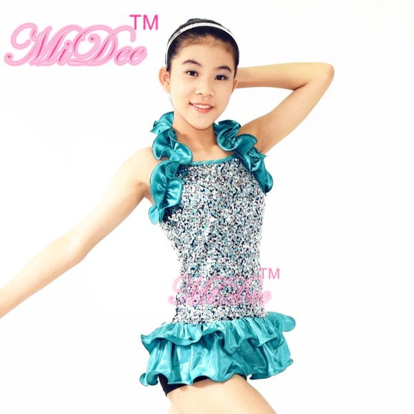 2 in 1 Glitter Sequin Bodice Ruflle Halter Neck Leotard Dance Competition Costumes