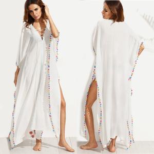 Bohemian White Lace-up Long Summer Beach Cover Up Dress with Split