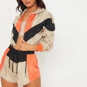 Crop Top Women Jogger Shorts Set Color Block Polyester Windbreaker Tracksuits
