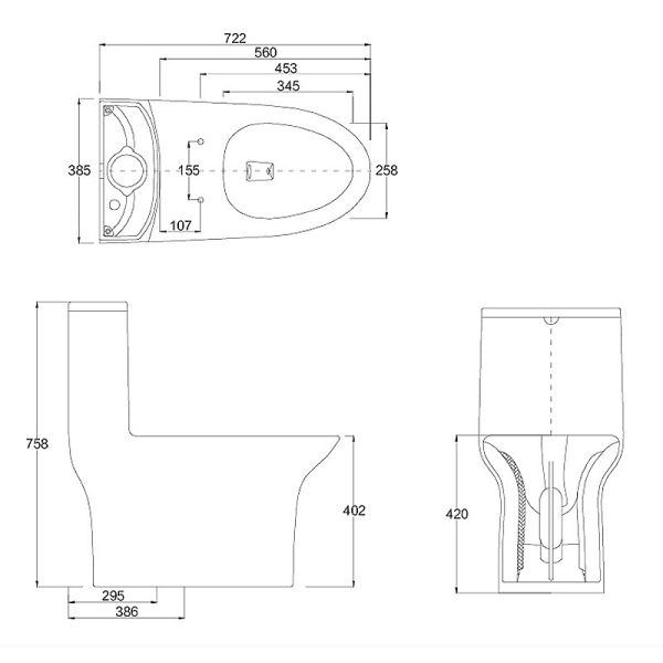 D722×W385×H758mm Round Bowl Toilet One Piece Elongated 1.1 GPF