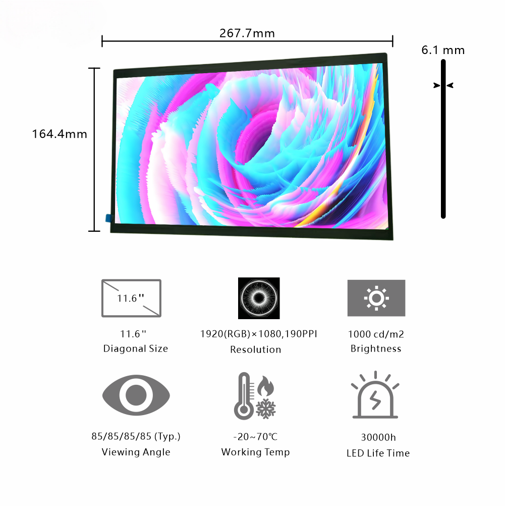 11.6-Inch Large FHD Industrial Display | 1920×1080 Resolution, EDP Interface, 1000cd/m² High Brightness for High-Light Workshops & Precision Equipment Monitors