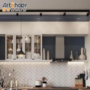 Modular Kitchen Cabinet Set With Gold Handles And Dark Blue Sectional Design In