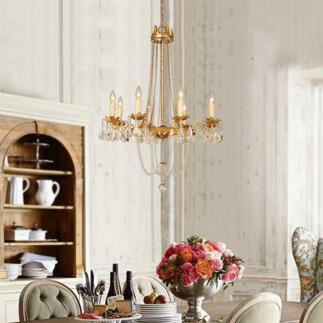 Gold Wrought iron candle chandelier with Crystal for Hotel Room Lighting (WH-CI-37)