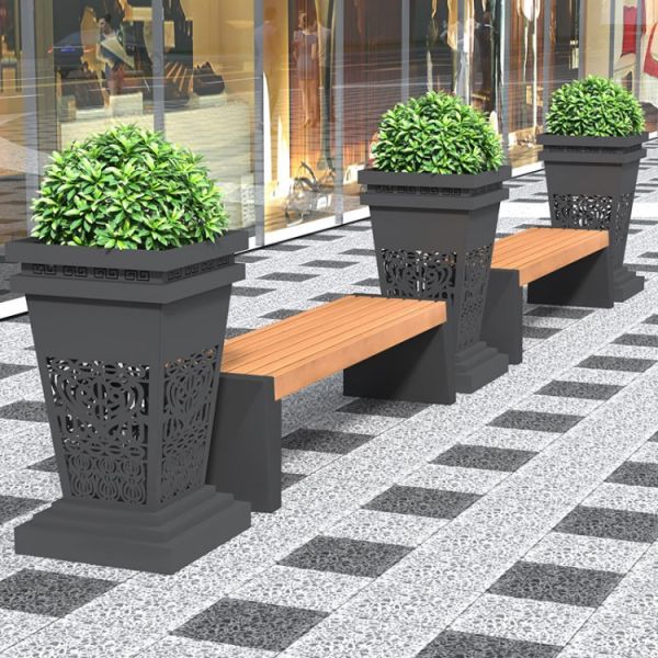 Extra large planter pots and outdoor urban bench with flower pot