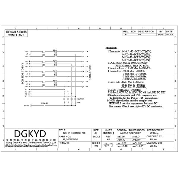 One Port PoE Rj45 Transformer , 1000m Integrated 12 Pin Rj45 For Fiber Optic Transceiver
