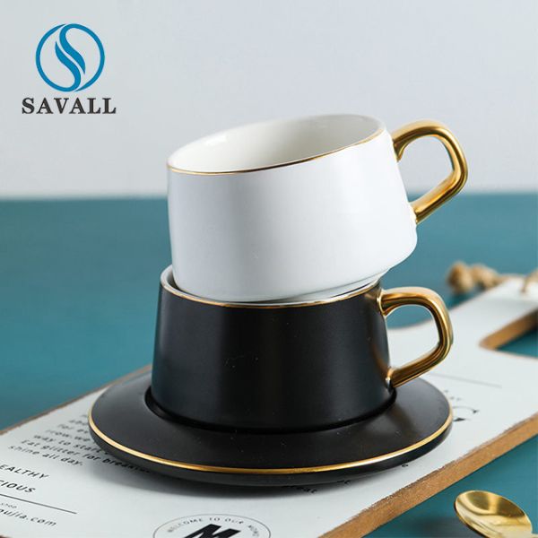 Quality Savall HoReCa Modern Ceramic Cups And Saucers Gold Inlay wholesale