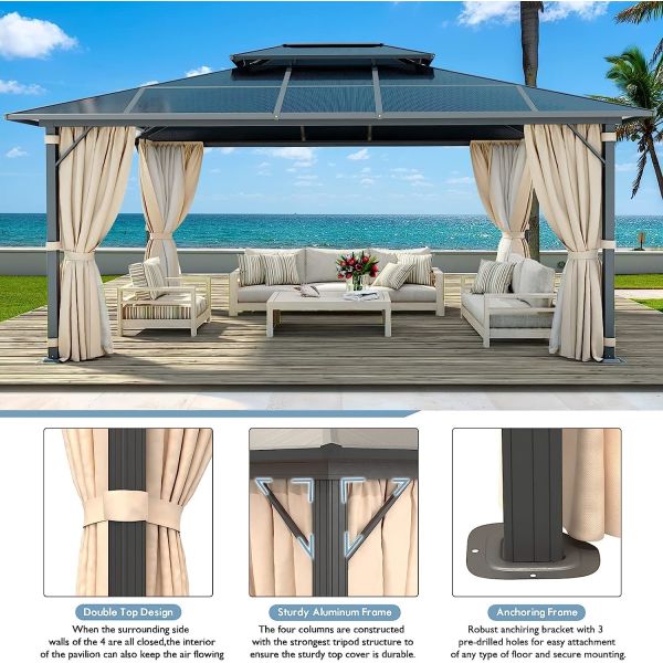 Gazebo Polycarbonate Double Roof Canopy Outdoor Aluminum Frame Pergola,