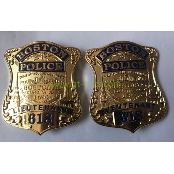 Quality Custom Police Badge Challenge Coins with special police design and safety pin attachment wholesale