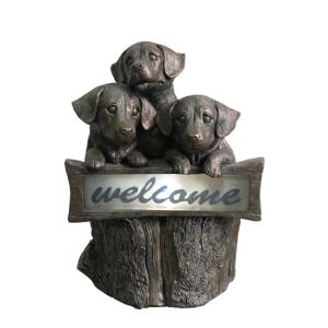 Hand Cast 3 Puppies Welcome Garden Solar Light for Backyard OEM Acceptable