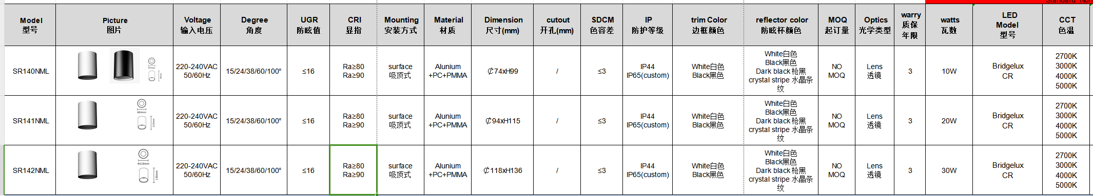 SR140NML SR141NML SR142NML 10W20W30W series surface mounted downlight new product hot sales surface spotlight