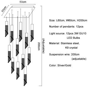Modern chrome crystal ceiling chandelier for dining room long loft staircase