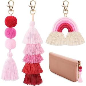 Boho Macrame Keychains Pom Pom Tassel Rainbow Keychains Cute Colorful Tassel