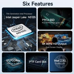 Portable Intel Celeron N5105 2.5 GbE Mini PC With 4K Dual HD Display