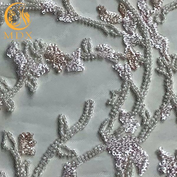 Machine Embroidery Beaded White Lace Fabric MDX Sequin 20% Polyester