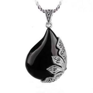 China Vintage Jewelry 925 Silver Black Onyx  Marcasite Drop  Pendant Necklace 18 Inches (JA1674BLACK) on sale