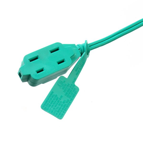 3 Outlet Extension Cord with Green PVC Jacket Material SPT-2 14/2 AWG 6FT/12FT 2 Prong Power Strip and Safety Cap Cover
