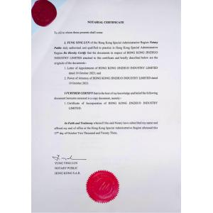 HONG KONG JINZHUO INDUSTRY LIMITED. Certifications