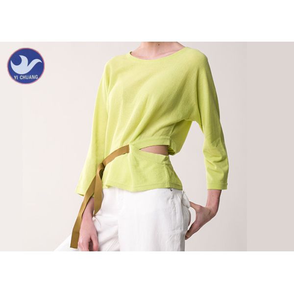 Quality Waist Openning Ribbon Womens Knit Pullover Sweater Lemon Yellow Bat Sleeves for Spring / Summer wholesale