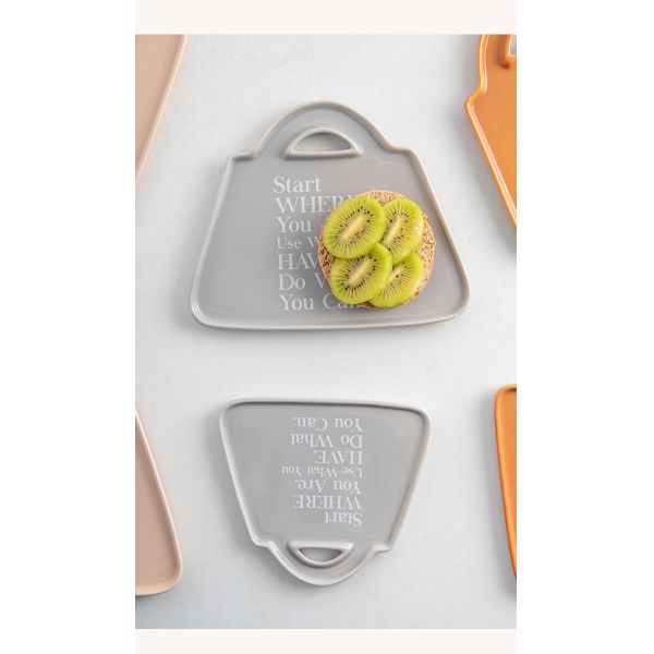 Under Glazed Technique Ceramic Snack Plate Set For Cute Bag Shape Gray Serving Plate