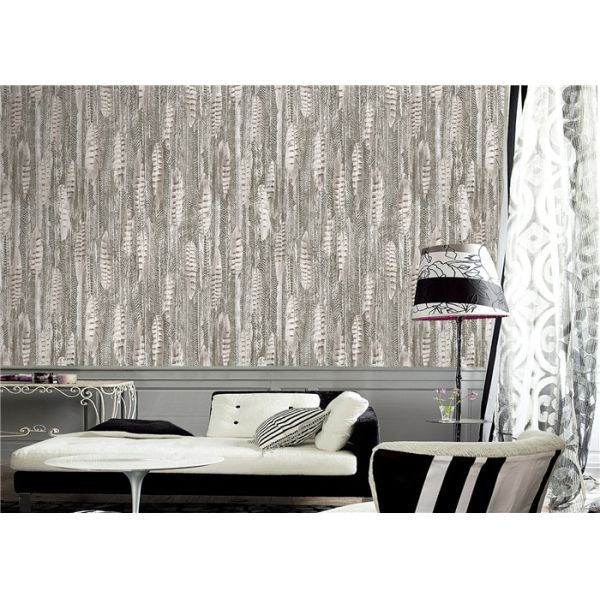 Quality PVC Modern Style Grey And White Wallpaper Feather Design For Sitting Room wholesale