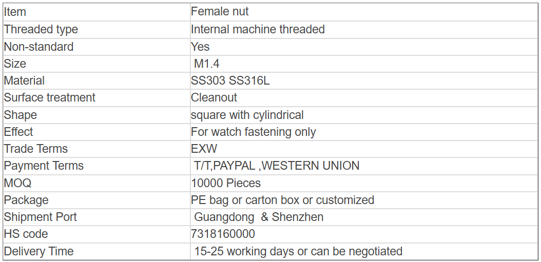 High precision female nut for high quality watch fastening