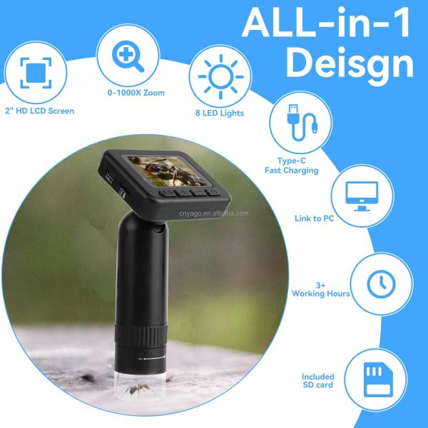 50X-1000X Portable Digital Microscope with 2" IPS Screen and 8 Adjustable LEDs for High-Definition Observation